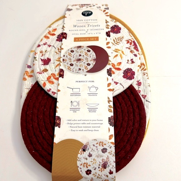 4pc CORE Round/Oval Woven Trivets Set - 100% Cotton - Fall Flower - Picture 2 of 8